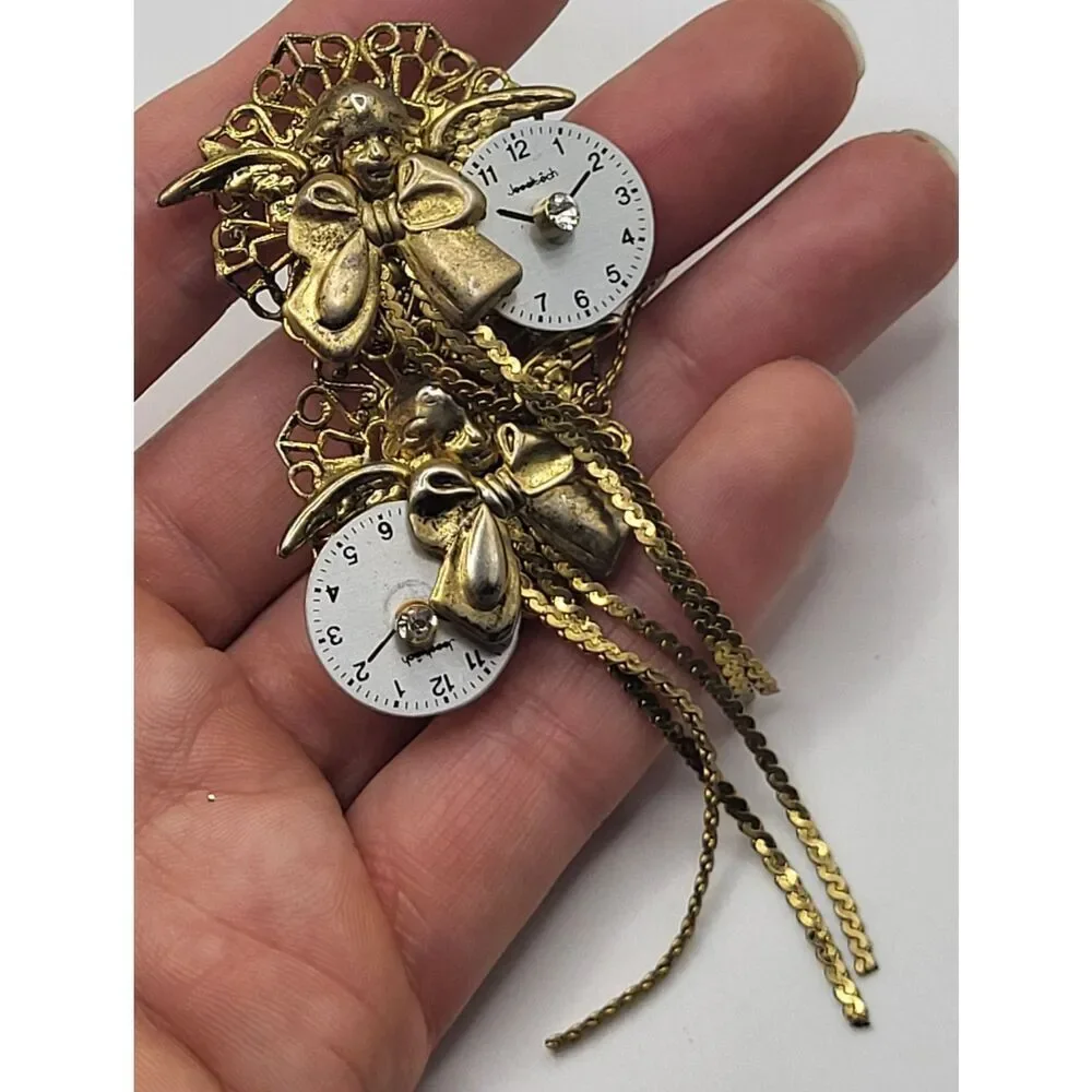 My Grandma's Clock Collage 3in Clip On Shabby Chic Earrings